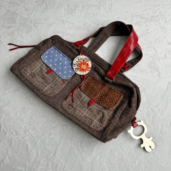 KIMIDORI Designer Tweed Leather Shoulder Bag Colorful Polka Dot Large Y2K OOAK - Picture 7 of 15